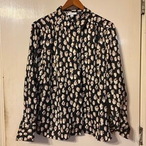 Topshop Black and Cream Patterned Long Sleeve Blouse with Covered Buttons Size 8